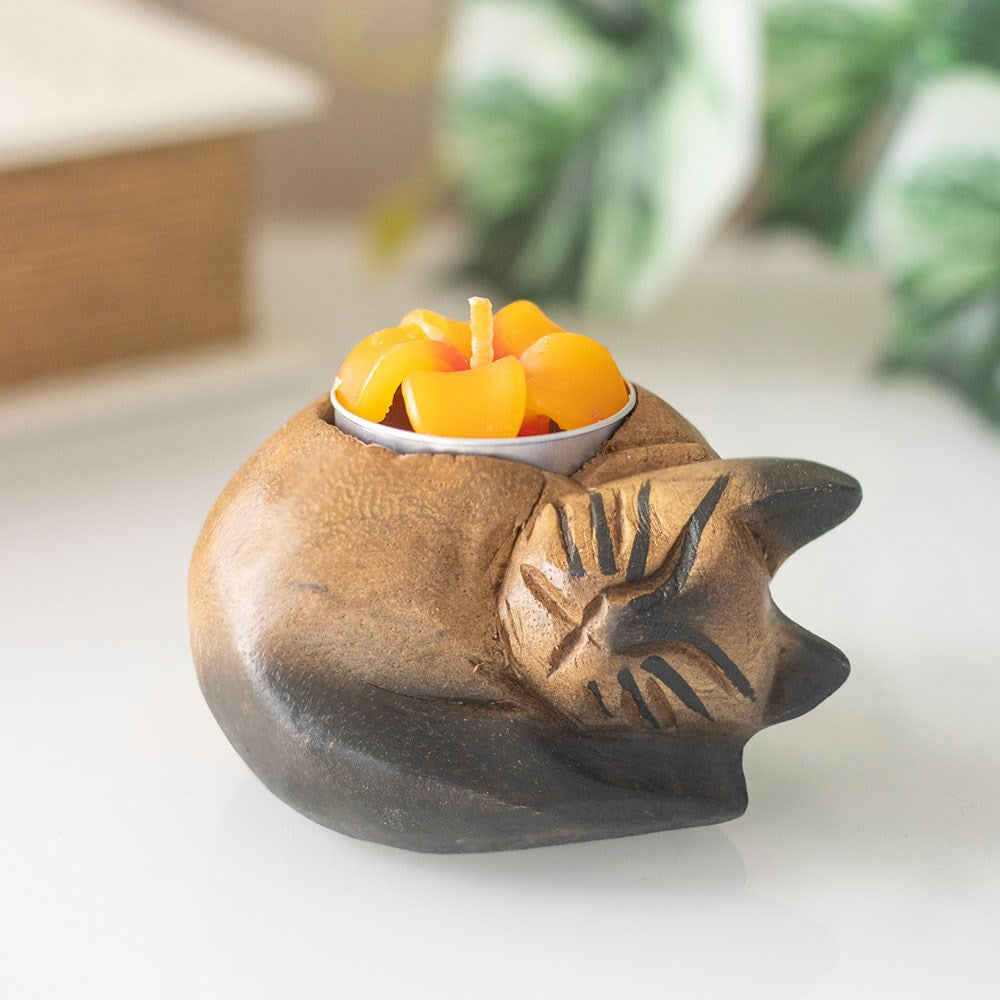 Curled Cat Wooden Tealight Holder