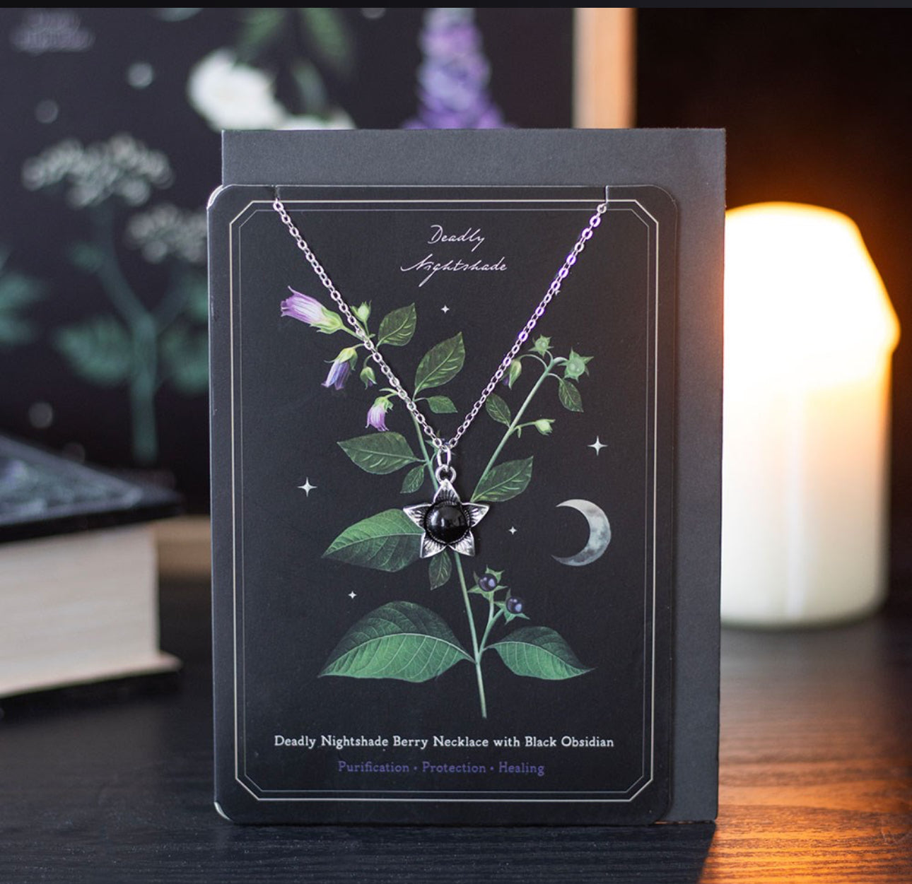 Deadly Nightshade Black Obsidian Necklace & Greetings Card