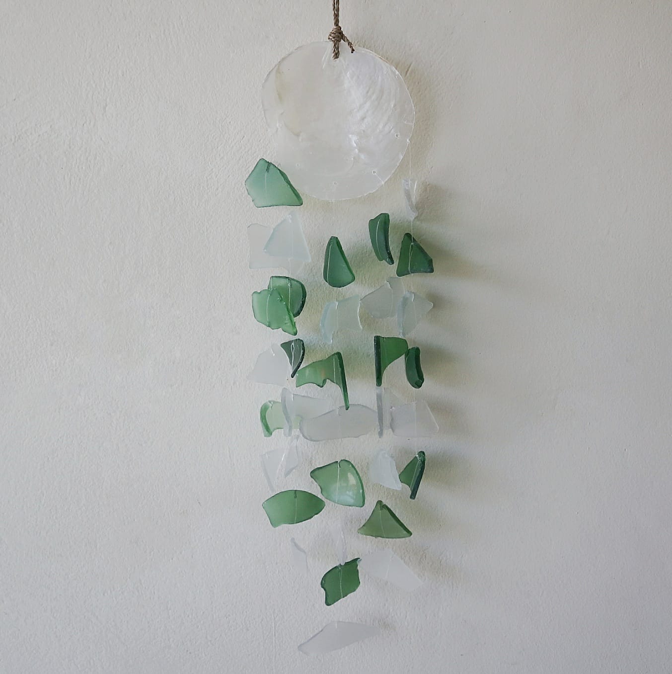 Recycled Copis & Glass Wind Chime (Green & White)