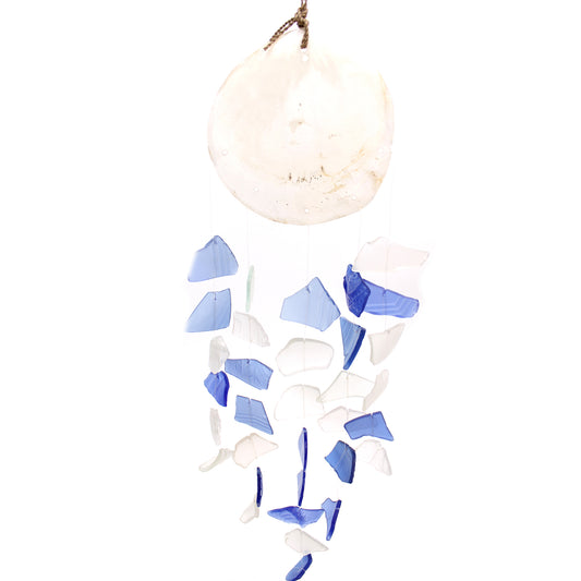 Recycled Copis & Glass Wind Chime (Blue & White)
