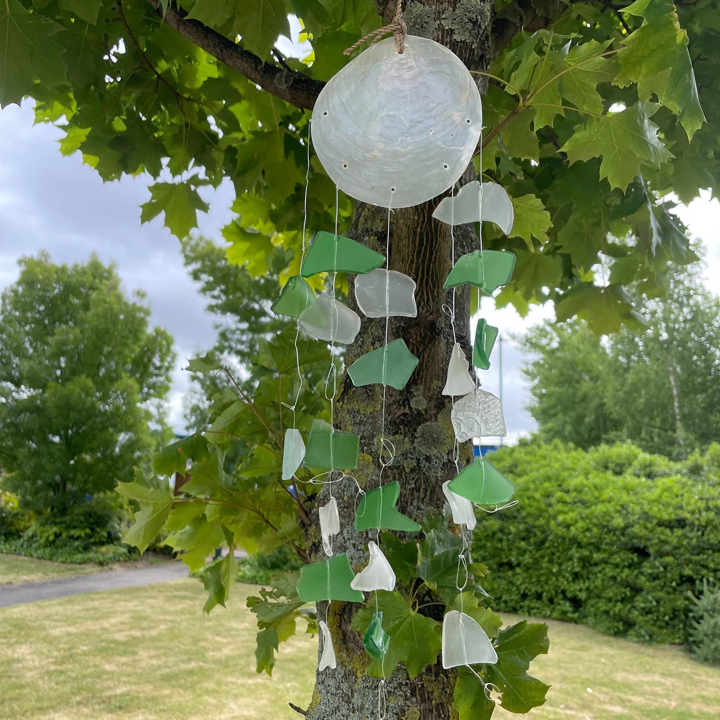 Recycled Copis & Glass Wind Chime (Green & White)