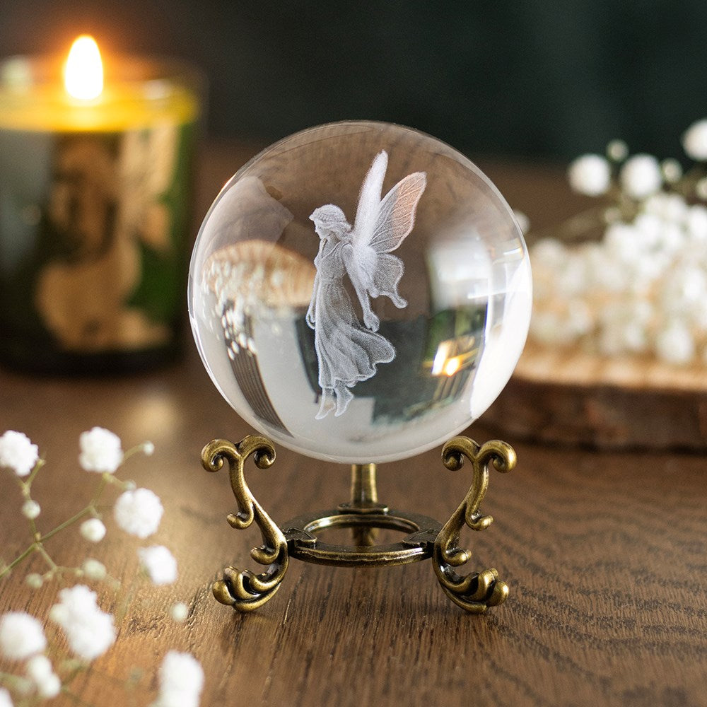 Stardust Fairy Laser Engraved Glass Crystal Ball on Stand