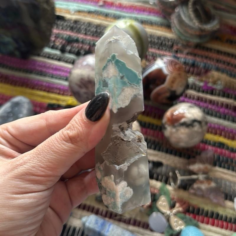 Sky Blue Flower Blossom Agate Obelisk