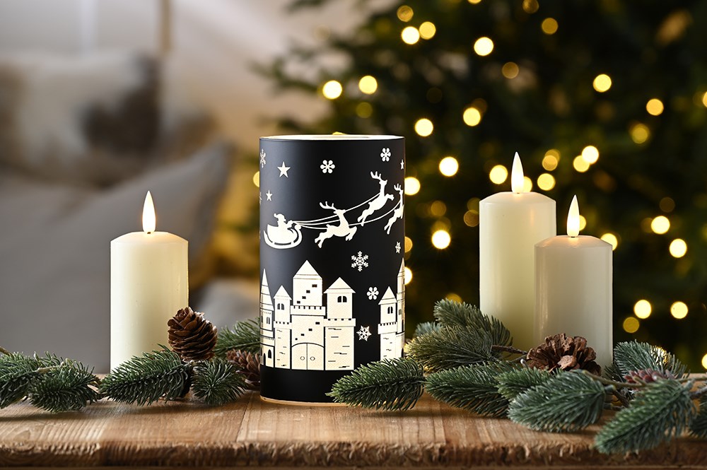 Black Glass Tealight Holder Christmas Sleigh Scene