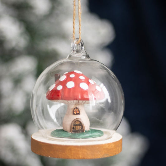 Mushroom House Glass Hanging Ornament
